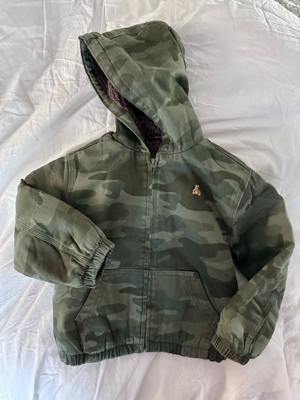 GAP Baby Olive Green Camo Jacket with Brown Sherpa Lining